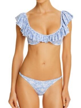 Caroline Constas Light Blue Floral Ruffle Bikini